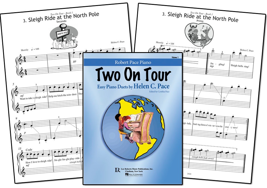Music image of Sleigh Ride at the North Pole, duet from Helen Pace’s “Two On Tour” Book 1. 