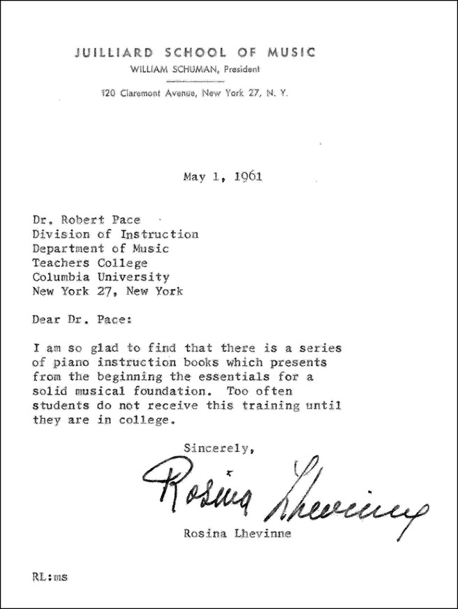 Rosina Lhevinne endorsement letter 1961 drp
